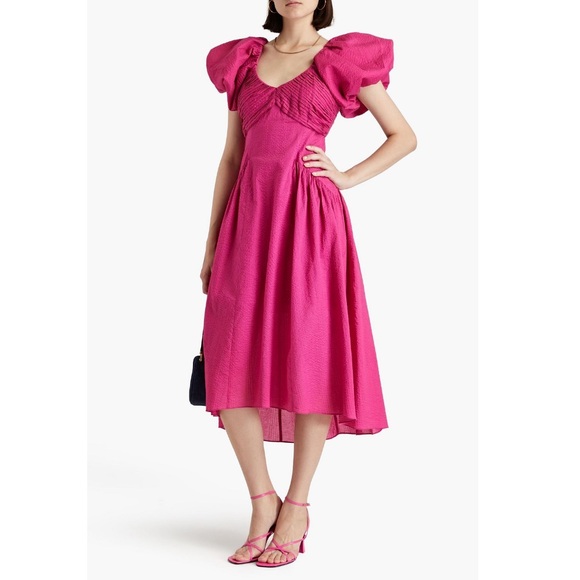 FRAME Pintucked Midi Dress with Puff Sleeves Fuschia Pink size Small - Picture 2 of 12